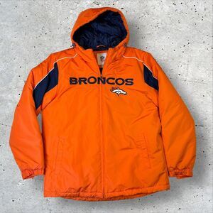Denver Broncos NFL Hooded Puffer Jacket Sz Large Orange Vintage Embroidered Logo